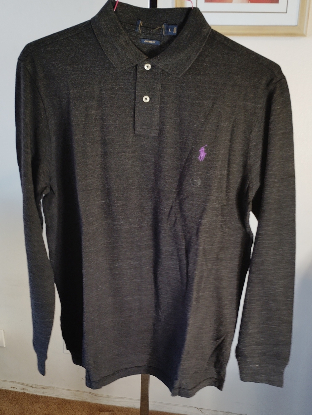 Polo by Ralph Lauren Men’s Long-Sleeve Polo - Charcoal with Purple Logo